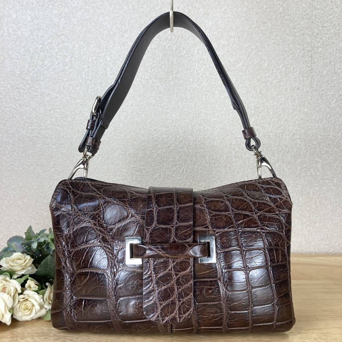 ☆高級☆クロコダイル☆美品 マウロゴヴェルナ ハンドバッグ 茶色 
