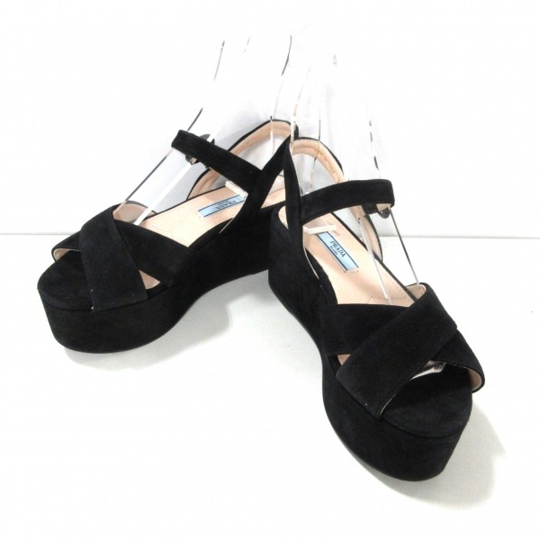 プラダ PRADA スエード PRADA&frasl;プラダ_Men通販 ブラックスエード ビジュー プラダ PRADA サンダル 36 - スエード 黒 レディース プラットフォーム 美品 靴
