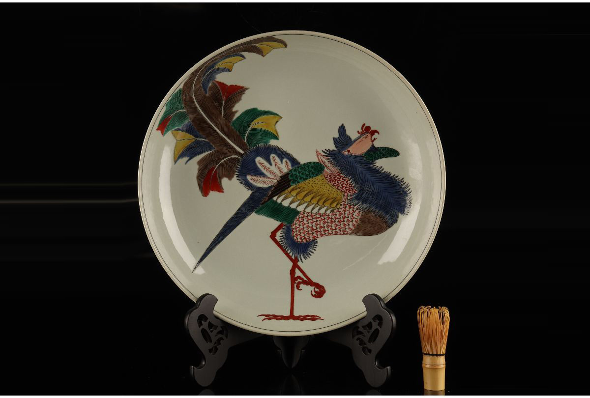 URA]角福/九谷色絵鶏図飾皿/42cm/4-1-167(検)骨董/古九谷/九谷焼/大皿
