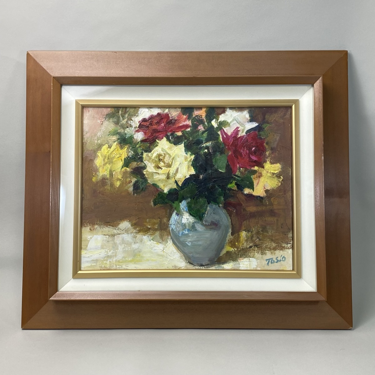 肉質油絵 立て F6 花と花瓶 青木今陽 額装仕上げ品（日本美術 絵画 