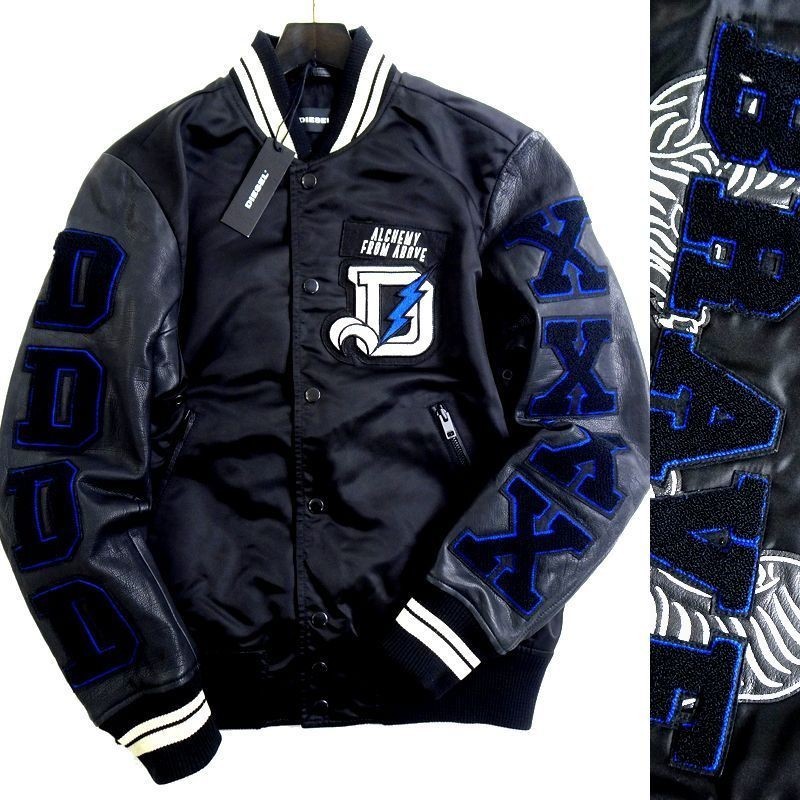 新品DIESEL♥ブルゾン切り替え革ウールスタジャン 刺繍デザイン 】 DIESEL ディーゼル スタジャン レザー ウール 鳥 新品