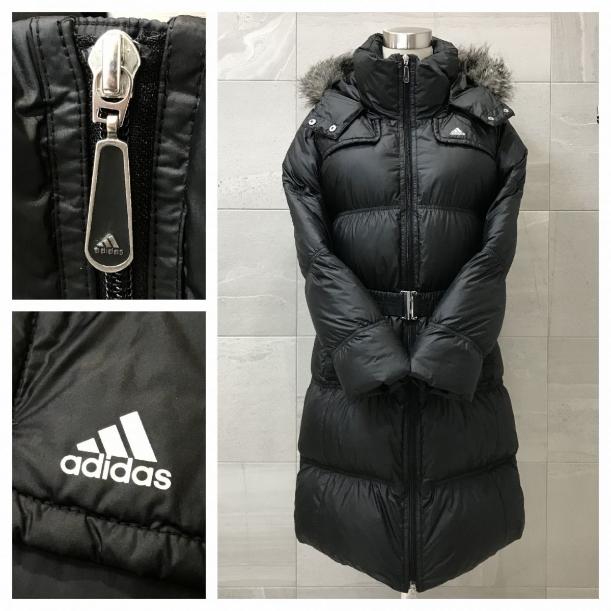 美品 / adidas アディダス / ファー ベルト フード付き Aライン ロング ダウン コート ジャケット / L レディース / 黒 防寒 adidas アディダス ファー ファートラックジャケット (adidas ストライプ