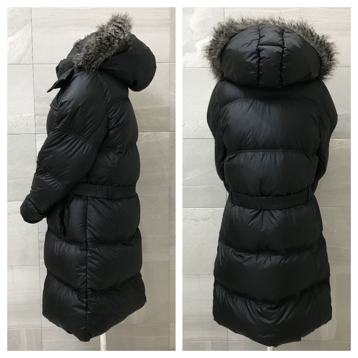 美品 / adidas アディダス / ファー ベルト フード付き Aライン ロング ダウン コート ジャケット / L レディース / 黒 防寒 adidas アディダス ファー ファートラックジャケット (adidas ストライプ