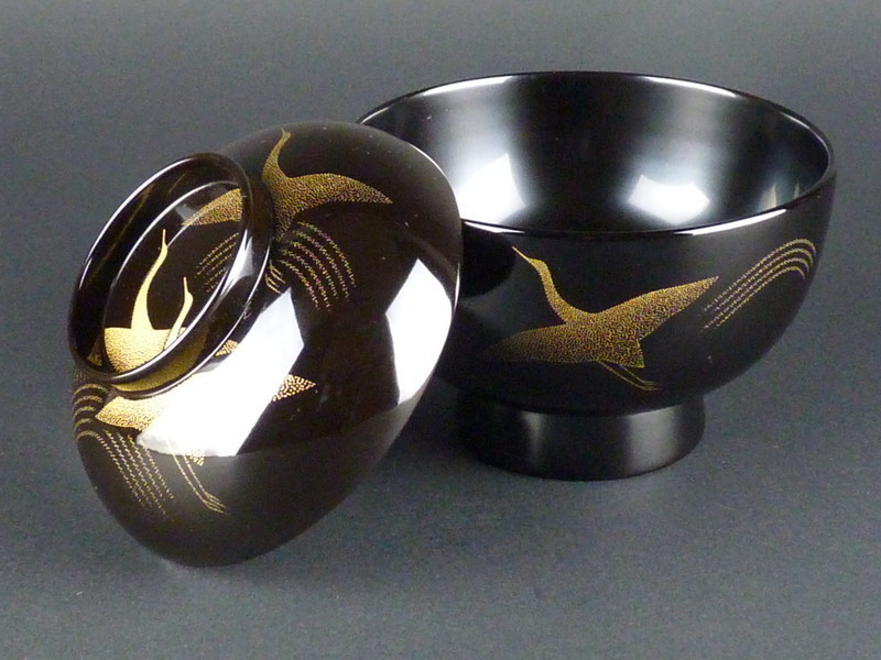 輪島塗 三谷吾一 「千羽鶴沈金 吸物椀」 5客 天然木漆器（1215