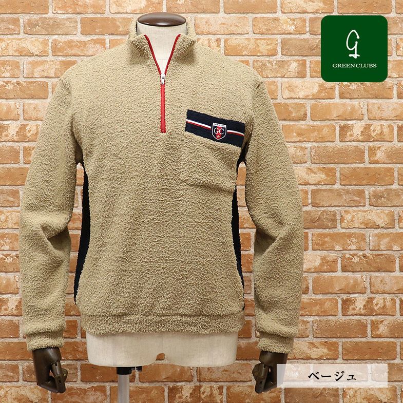 1円/GREENCLUBS/3(M)サイズ/ボア ハーフジップ トレーナー ふわもこ伸縮 ワッペン付 日本製 シャギー ゴルフ 新品/ベージュ/dt313/