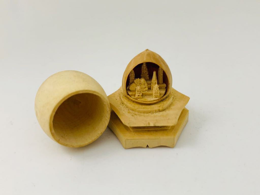 七福神 木彫 蓋物 在銘有 ミニサイズ 置物 布袋 恵比寿 大黒天 福禄寿