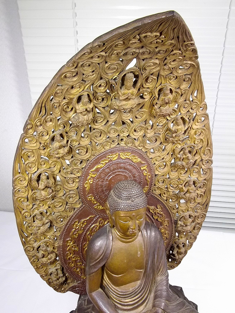 高さ61cm 木彫り 木製細密彫刻 阿弥陀如来坐像 阿弥陀如来像 仏教美術 