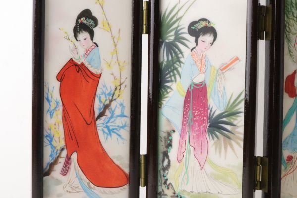 中国 白雲石制品 四曲屏風 卓上型 衝立 美人図 花鳥図 仕切り 中国 白雲石制品 四曲屏風 卓上型 衝立 美人図 花鳥図 仕切り
