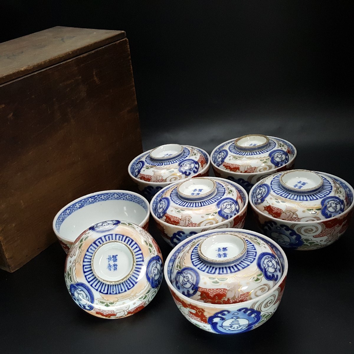 宝蔵】古伊万里 富貴長春 飛兎 波兎 金襴手蓋飯椀 6客 11.5cm 懐石道具 