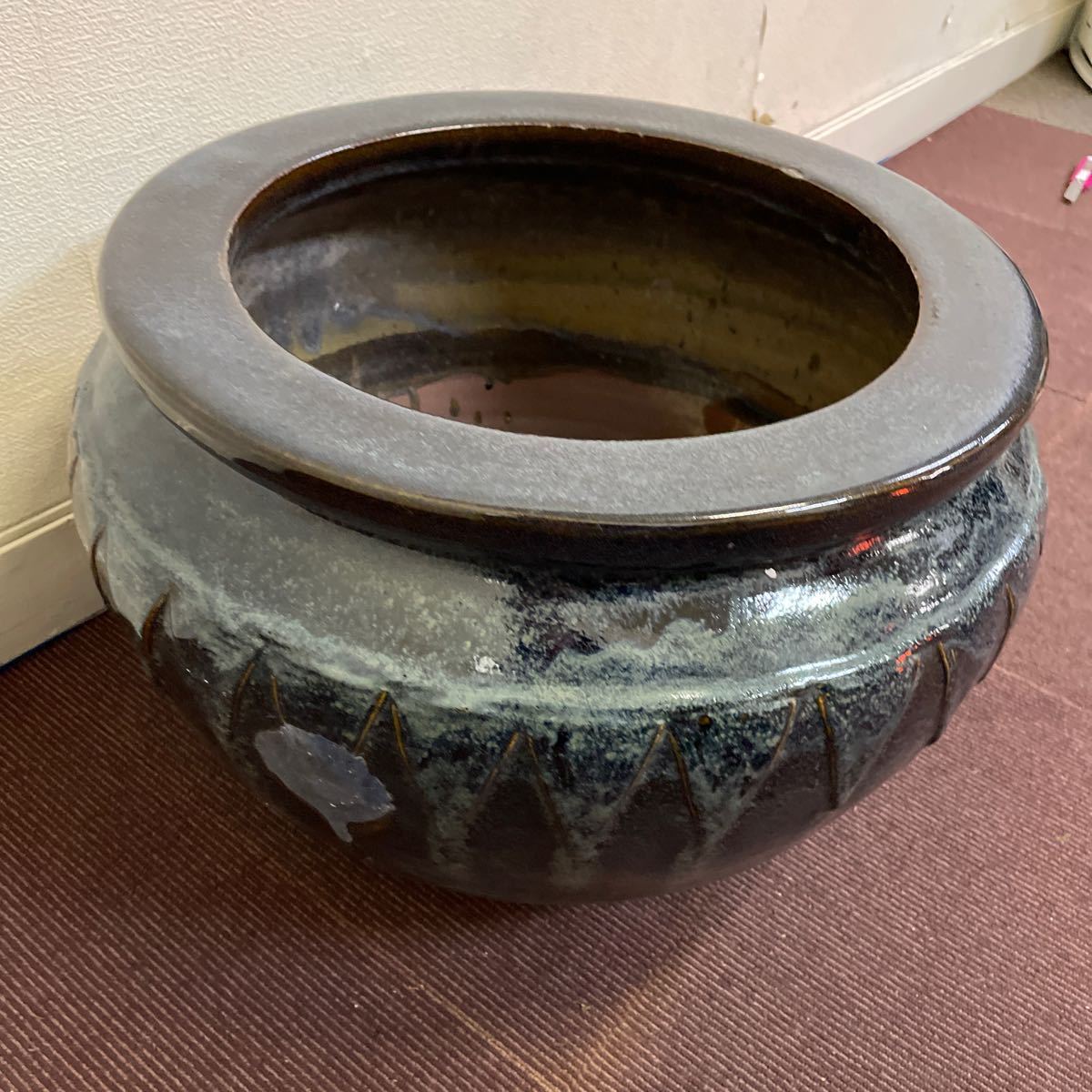 昭和 レトロ 火鉢 陶器 瀬戸火鉢 古民具 金魚鉢 睡蓮鉢 直径約48.5cm