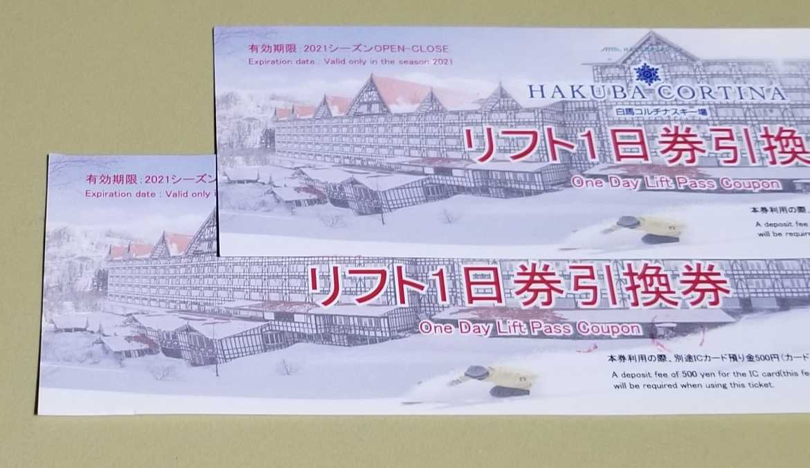 白馬コルチナスキー場 公式通販 2枚 リフト券 リフト1日引換券 2枚