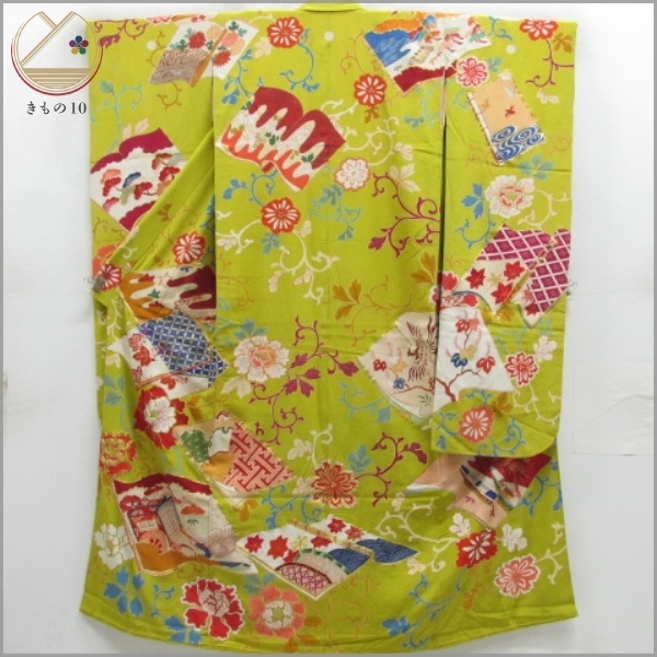 アンティーク振袖華やか貝合わせ扇面牡丹・菊 金コマ・刺繍 正絹