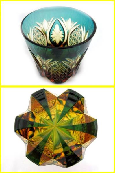 【未使用】 江戸切子 マイグラス 南端久司 作 琥珀地緑被せ切子_3