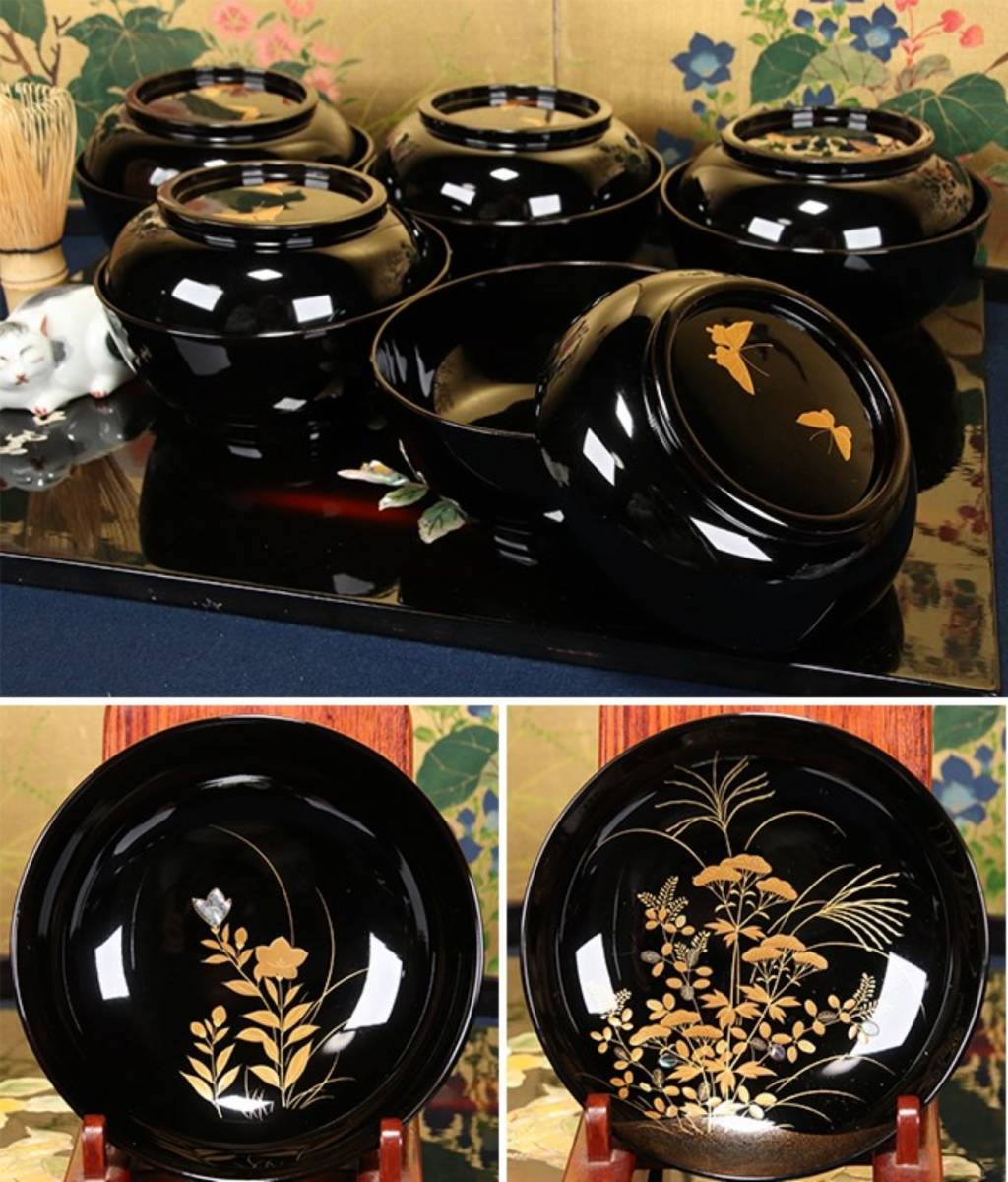時代輪島塗 草花紋本金蒔絵 吸物椀 五客　漆器 切金 青貝 細密高蒔絵 木製