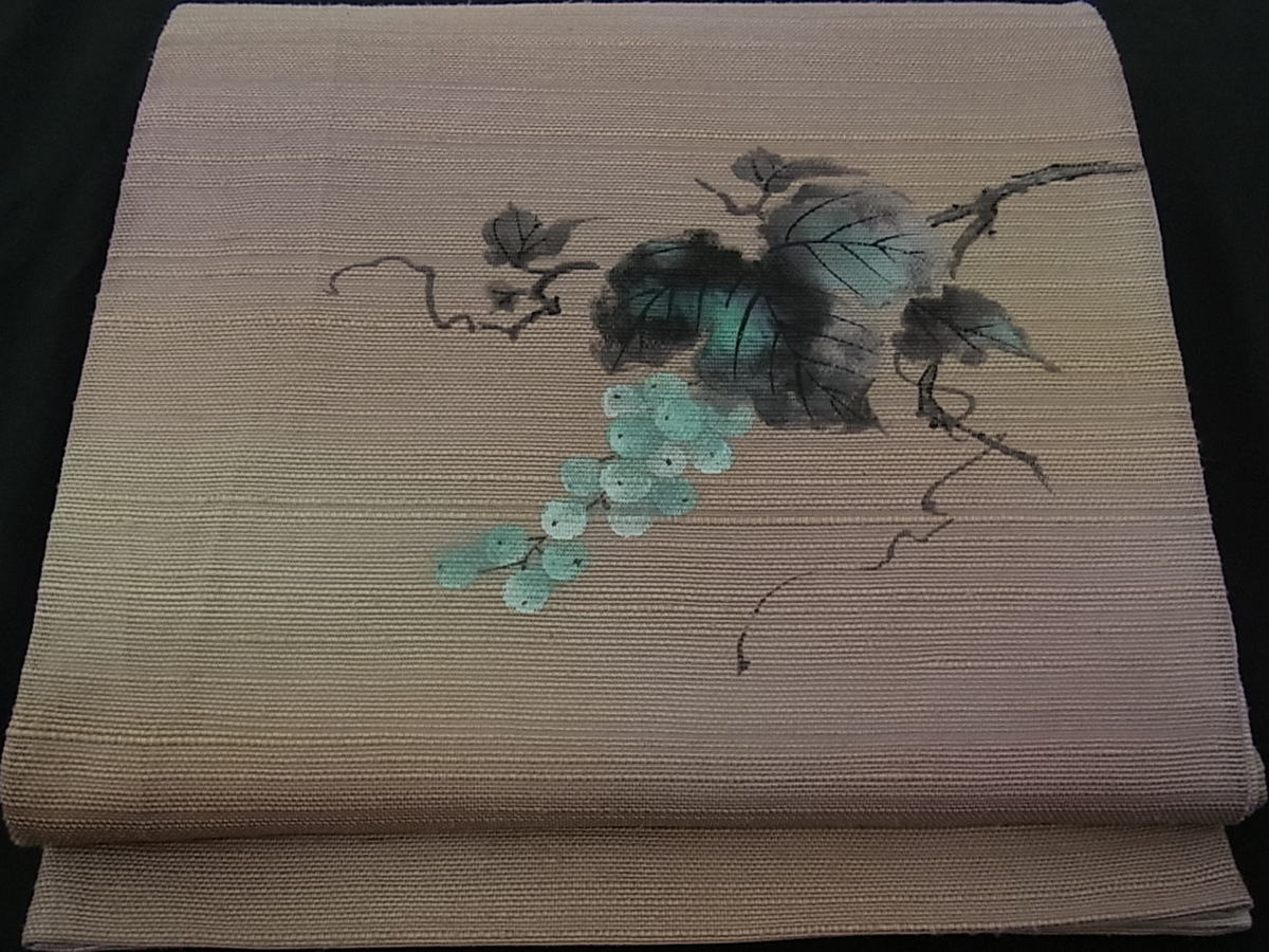 着物屋こころ□紙芸創作者・横山優 和紙 太鼓柄袋帯 手描き 紬地 葡萄 