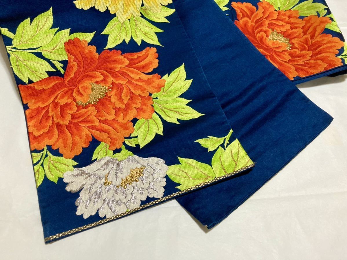 美品 アンティーク着物☆正絹 袋帯 刺繍 大輪の花 芍薬 シャクヤク