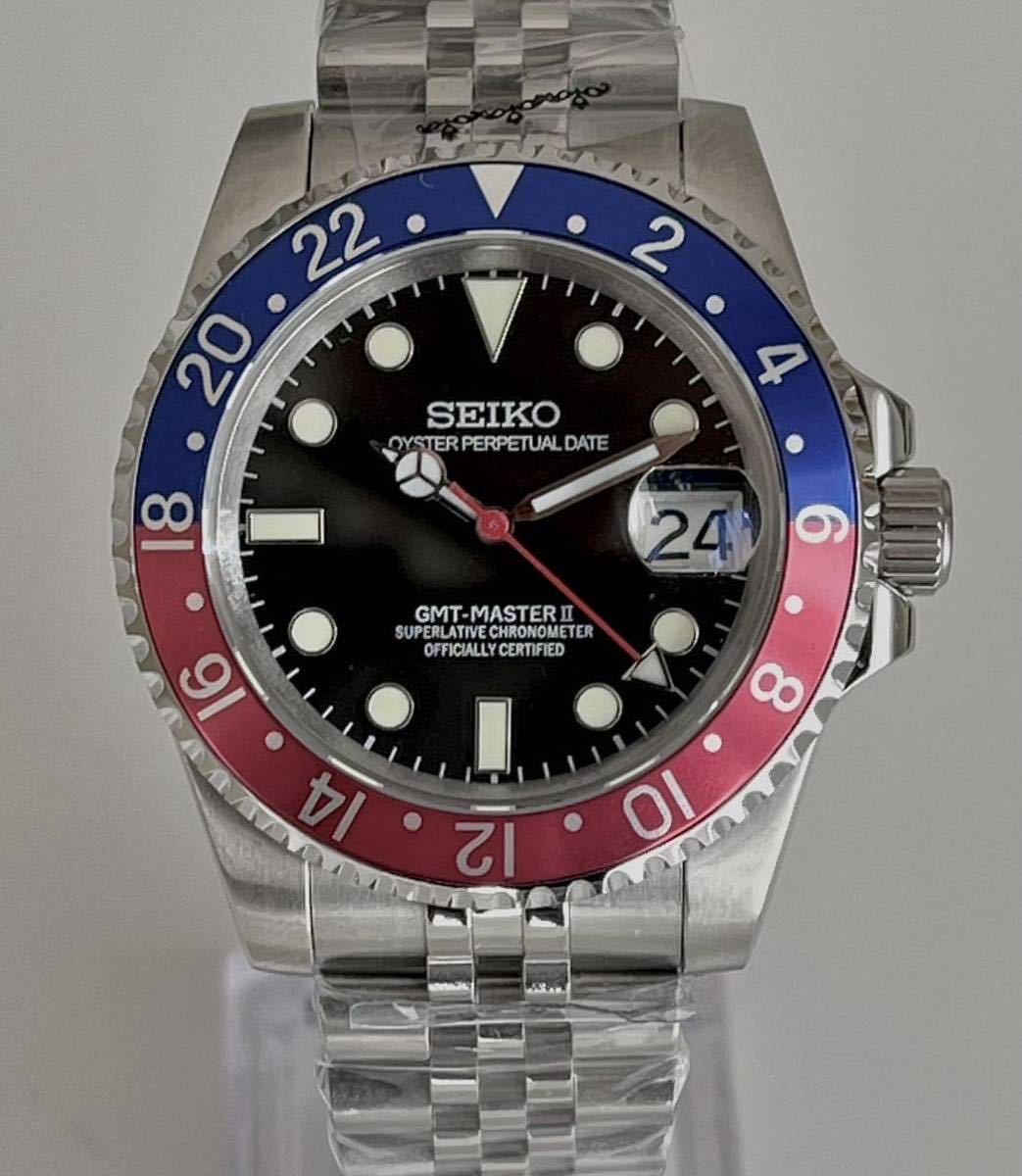 1円スタート☆一点物☆珍品赤槍針 アルミベゼル☆SEIKO NH35搭載GMT