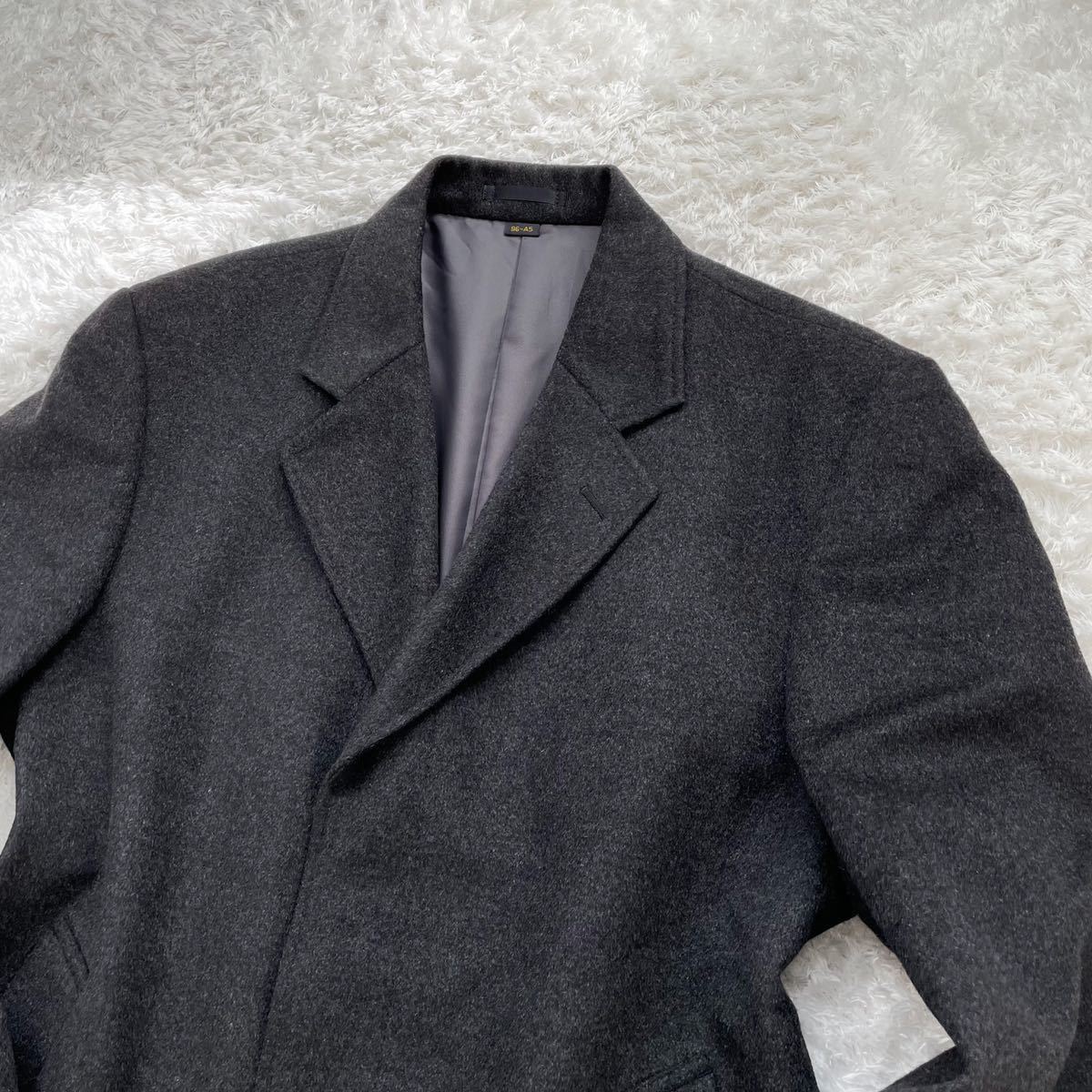 極美品【極上ピュアカシミヤ100%】『繊維の宝石』チェスターコート ロングアウター シングル チャコールグレー 灰色 メンズ Lサイズ位 | カシミヤ 大判マフラー 首 シングルピュアカシミヤ毛布 ご好評第2弾！カシミヤを超える！？贅沢素材ホワイトヤク100%極上