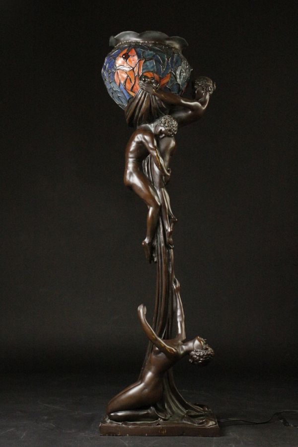 LIG 19世紀フランス ステンドグラスランプ 特大89㎝ ブロンズ男女像