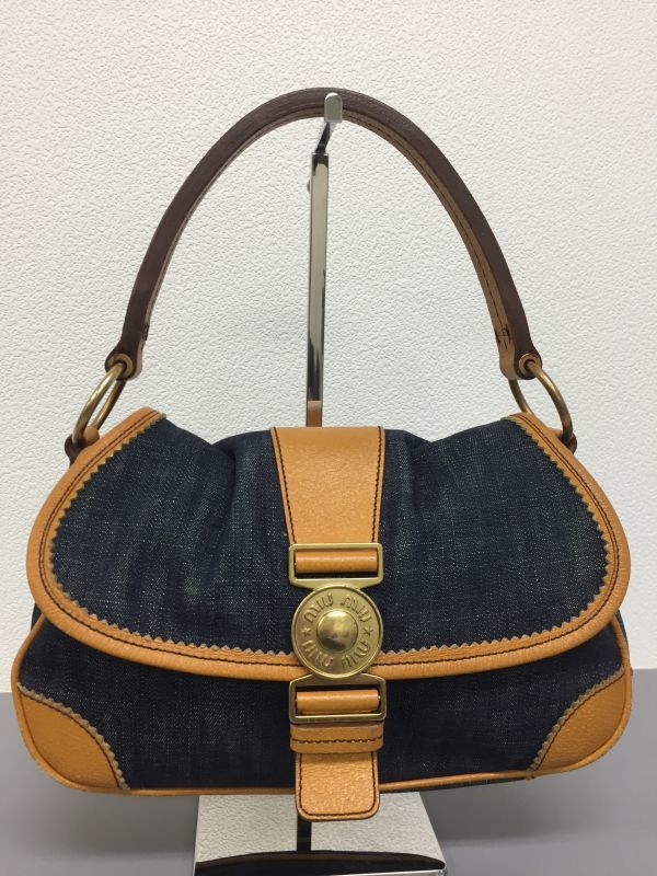 ミュウミュウ デニム MIU Miu レザー ハンドバッグ 2WAY マテラッセ 