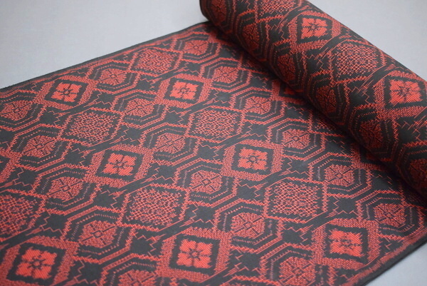 凛々】1J 新古品 正絹 村山大島紬 アンサンブル反物 黒赤 花菱 未  