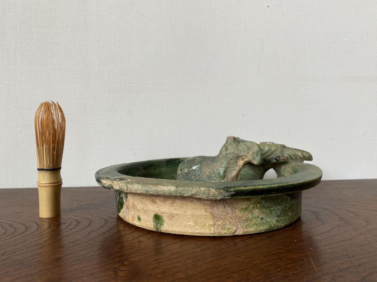 漢緑釉 馬と厩舎型 出土品 置物 ／ 漢時代 】中国古玩 副葬品 古渡り