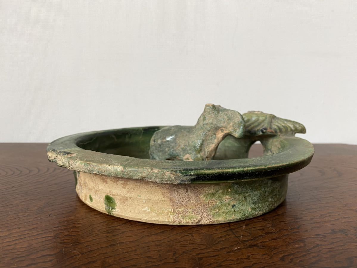 漢緑釉 馬と厩舎型 出土品 置物 ／ 漢時代 】中国古玩 副葬品 古渡り