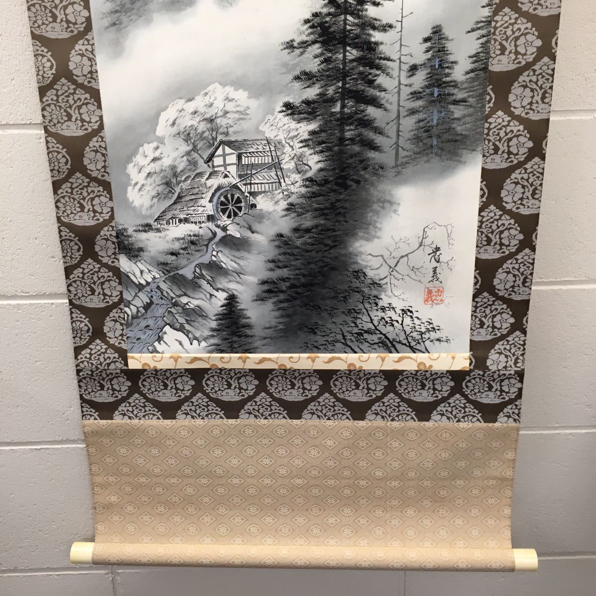 道具 掛軸 絹本 - | ] 田中玉園 共箱 秋景山水 肉筆絹本掛軸（共箱