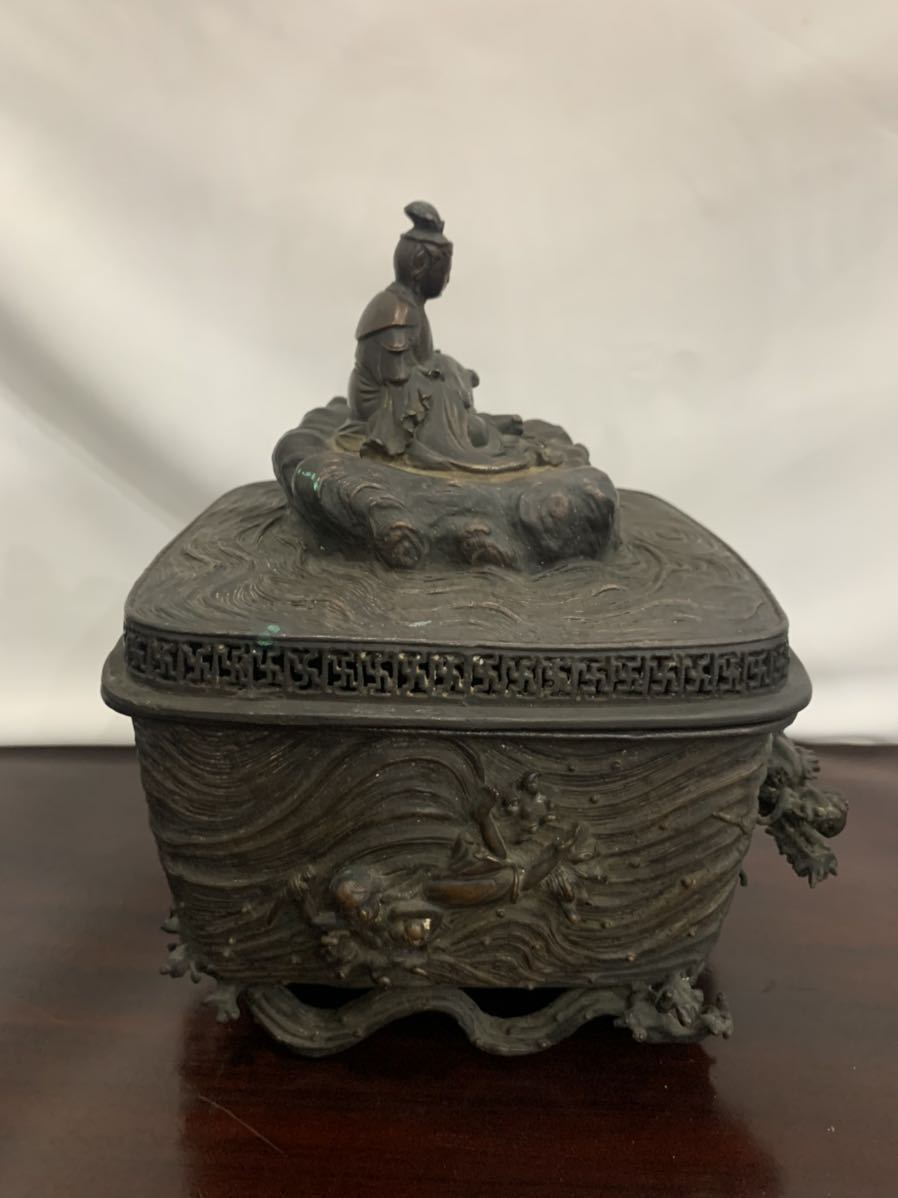 時代物【越中国高岡住勝順造】精巧 蝋型鋳銅 玉取海女龍盛上香炉 高