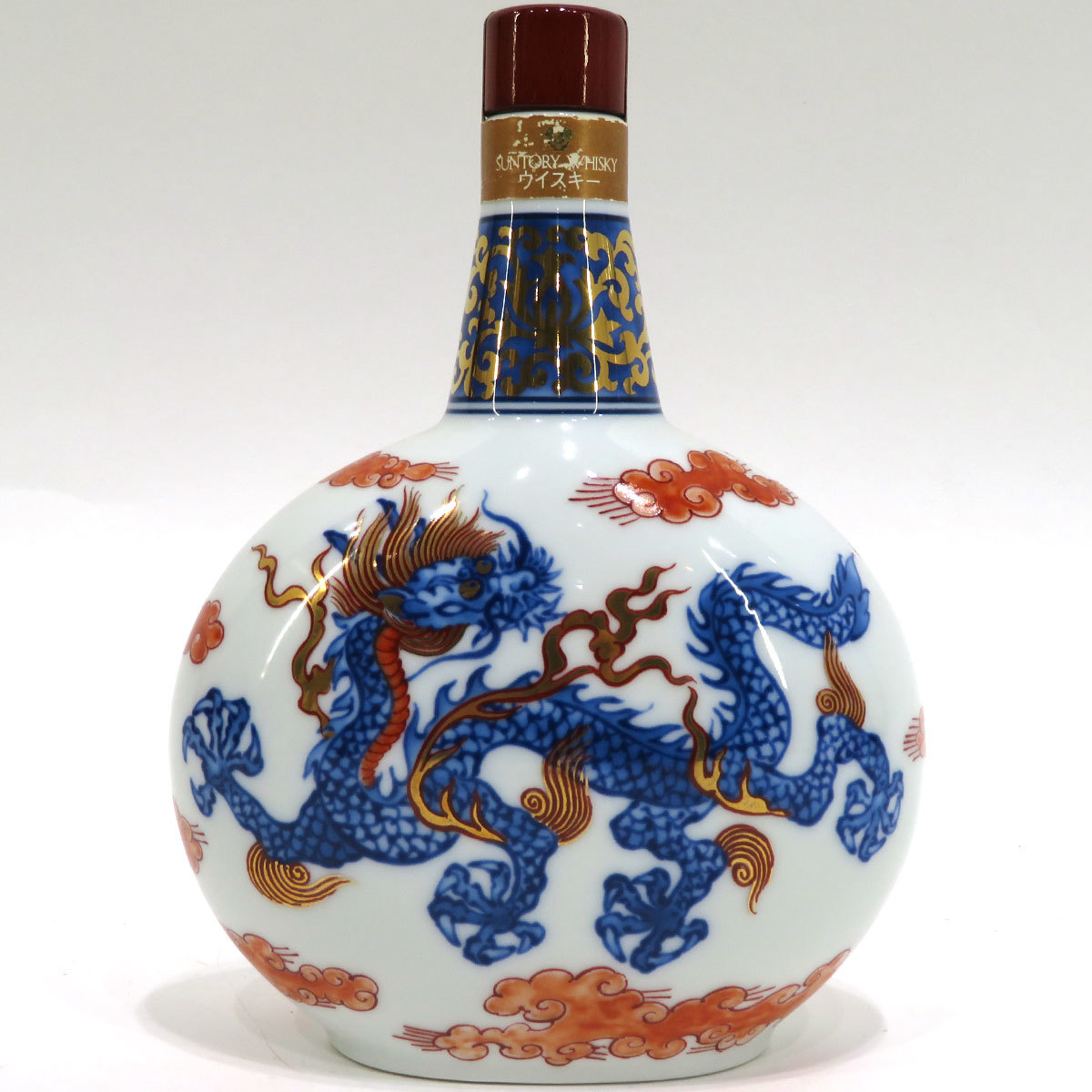 美品サントリー特製ウイスキー有田焼染錦雲龍文変型瓶陶器ボトル箱、冊付き