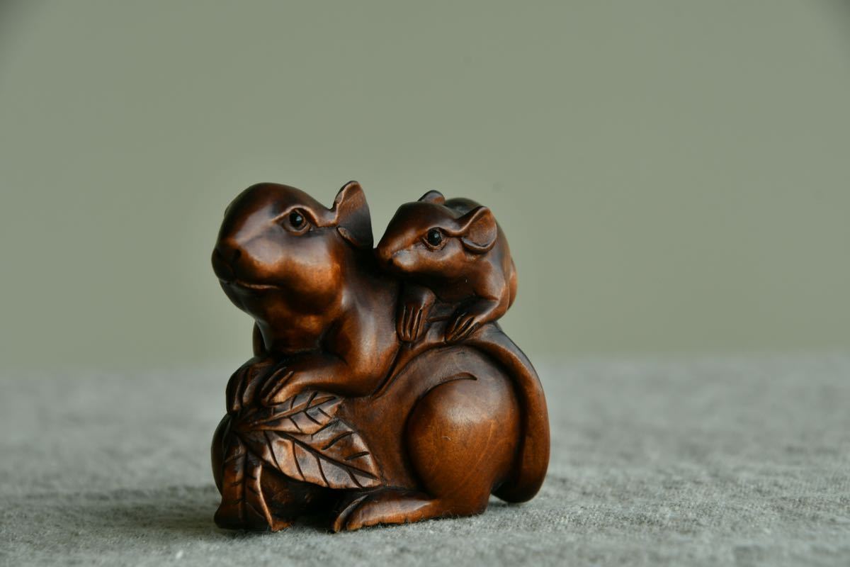 根付 Netsuke 精密 - 古美術蛇 超絶 【古美術】ねずみ 親子 根付