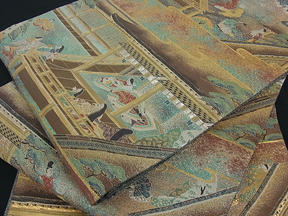 花美人着物□両面 六通柄袋帯 源氏物語風景花文 金糸 逸品
