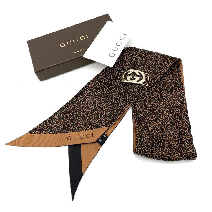 美品 GUCCI グッチ リボンタイ ツイリー GGスカーフリング付き 