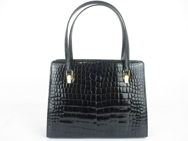 レディース　高級皮革　クロコダイル　ワニ革　ハンドバッグ　ゴールド金具　がま口　お洒落な　ブラック クロコダイル ハンドバッグ レディース 2way トート かわいい