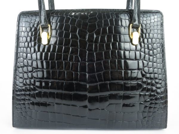 レディース　高級皮革　クロコダイル　ワニ革　ハンドバッグ　ゴールド金具　がま口　お洒落な　ブラック クロコダイル ハンドバッグ レディース 2way トート かわいい