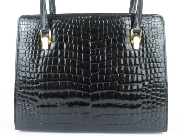 レディース　高級皮革　クロコダイル　ワニ革　ハンドバッグ　ゴールド金具　がま口　お洒落な　ブラック クロコダイル ハンドバッグ レディース 2way トート かわいい