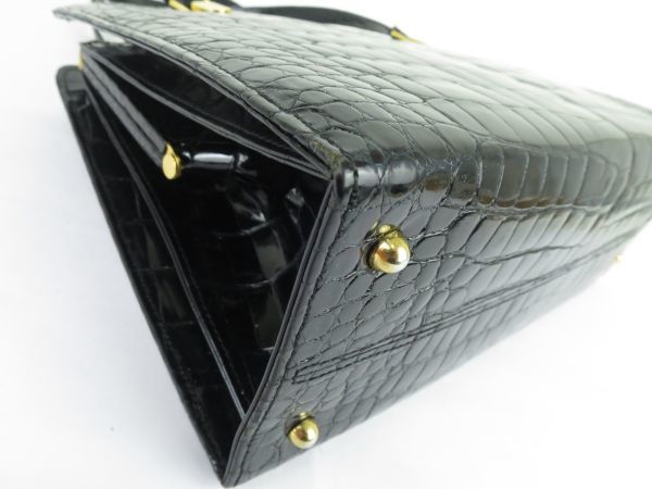 レディース　高級皮革　クロコダイル　ワニ革　ハンドバッグ　ゴールド金具　がま口　お洒落な　ブラック クロコダイル ハンドバッグ レディース 2way トート かわいい