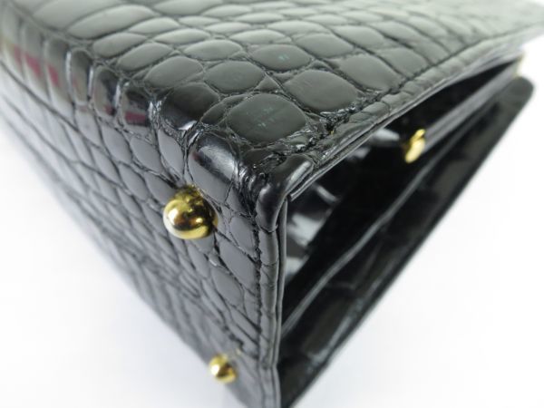 レディース　高級皮革　クロコダイル　ワニ革　ハンドバッグ　ゴールド金具　がま口　お洒落な　ブラック クロコダイル ハンドバッグ レディース 2way トート かわいい