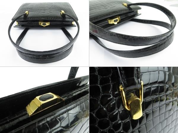 レディース　高級皮革　クロコダイル　ワニ革　ハンドバッグ　ゴールド金具　がま口　お洒落な　ブラック クロコダイル ハンドバッグ レディース 2way トート かわいい