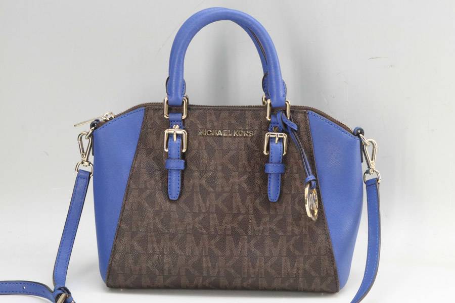 ★MICHAEL KORS マイケルコース★2WAY ショルダーバッグ ハンドバッグ★ブラウン シグネチャー柄×ブルー PVC◆315f23