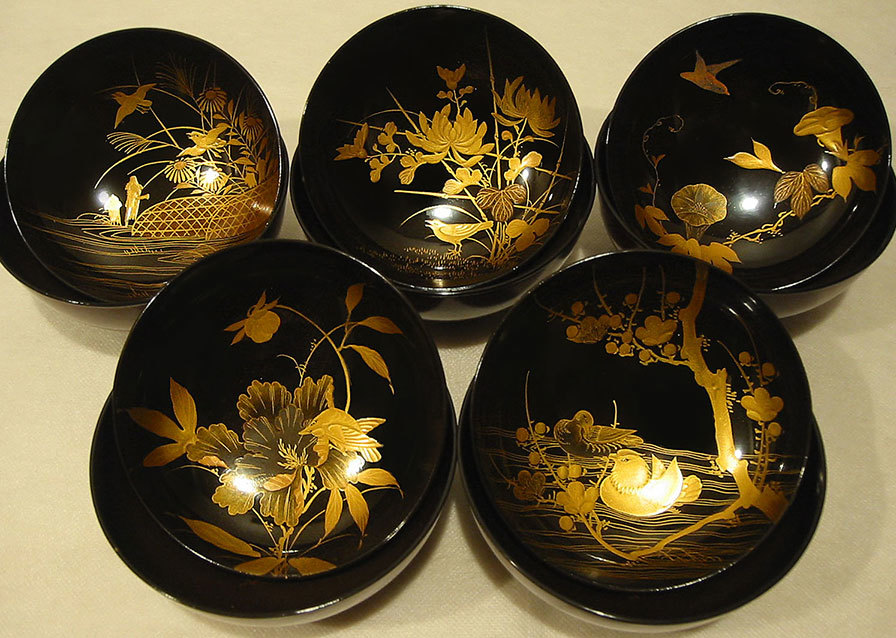 ◇紫野◇ 本格輪島塗椀 図変り花と鳥 牡丹・菊花 金銀梨子地高蒔絵 5 