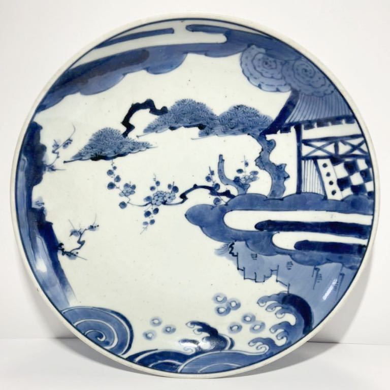 【剣】古伊万里 染付 風景文 大皿 江戸時代 明和期 1764年-1772年頃 本物保証 検) 藍柿 鍋島 初期伊万里 柿右衛門 九谷 古九谷 