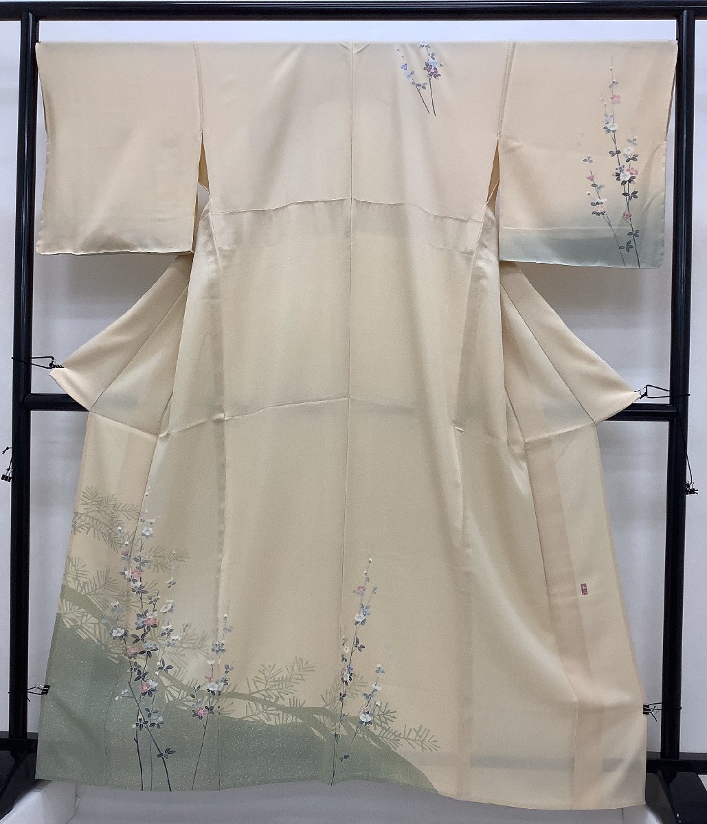 きものcocon★訪問着★作家物/落款印/単衣/身丈165/裄68/正絹/ベージュ系/居敷当て付き/浜ちりめん/夢染里/しつけ付き【4-4-12K-0190-g】