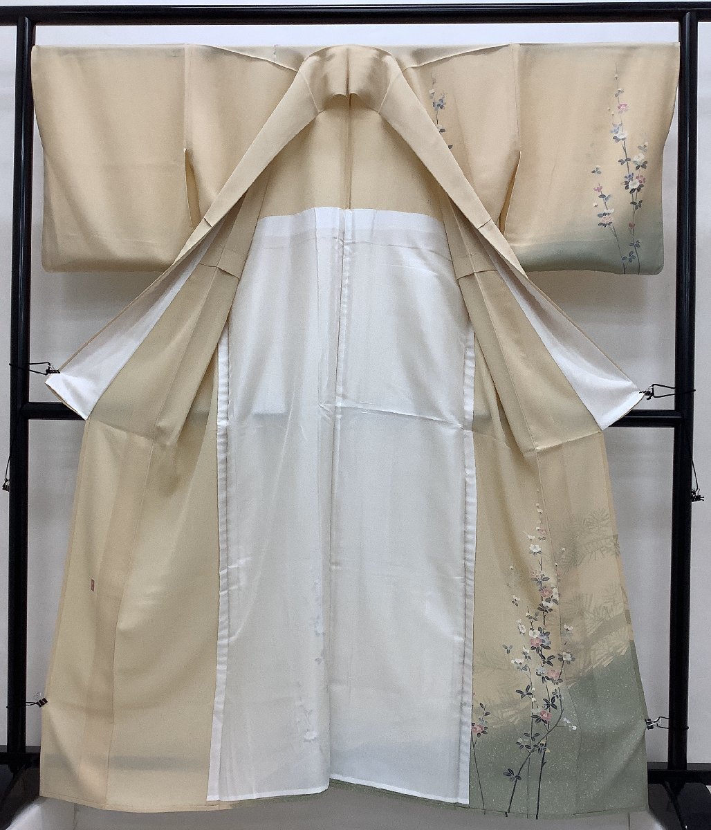 きものcocon★訪問着★作家物/落款印/単衣/身丈165/裄68/正絹/ベージュ系/居敷当て付き/浜ちりめん/夢染里/しつけ付き【4-4-12K-0190-g】