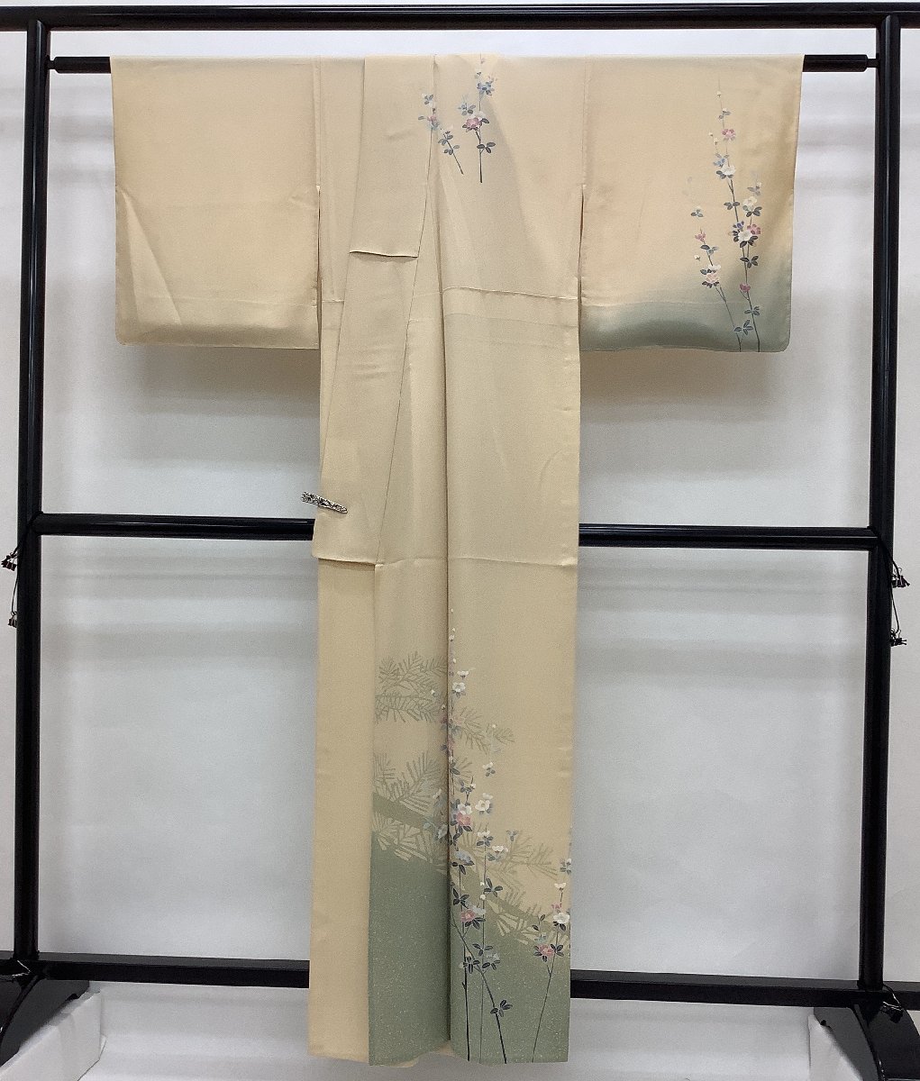 きものcocon★訪問着★作家物/落款印/単衣/身丈165/裄68/正絹/ベージュ系/居敷当て付き/浜ちりめん/夢染里/しつけ付き【4-4-12K-0190-g】