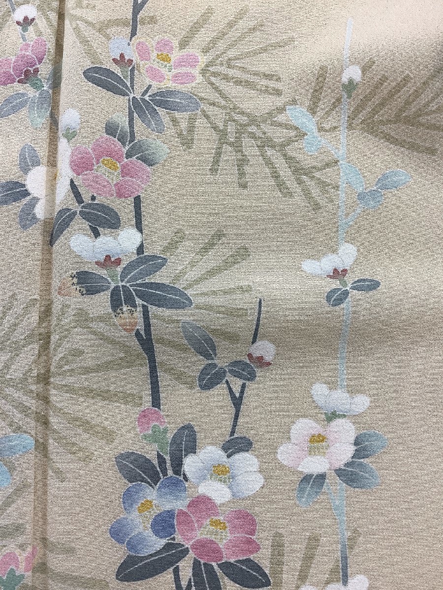 きものcocon★訪問着★作家物/落款印/単衣/身丈165/裄68/正絹/ベージュ系/居敷当て付き/浜ちりめん/夢染里/しつけ付き【4-4-12K-0190-g】