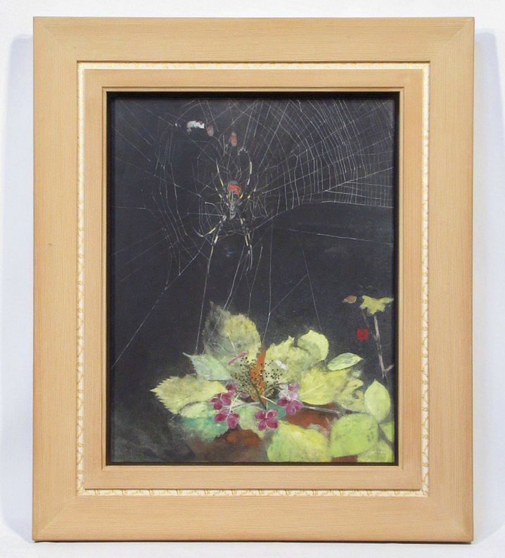 梅原幸雄「秘花」共シール タトウ箱 美人画 人物画 日本画 額装 絵画