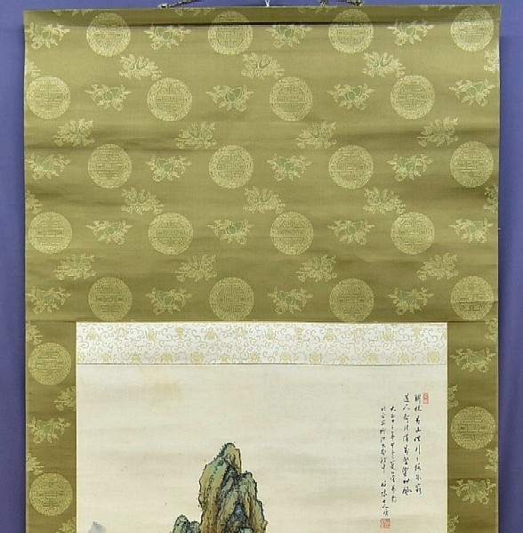 真作 田中柏陰 『萬岳松聲図』 掛軸 共箱 青緑山水 画賛 掛軸