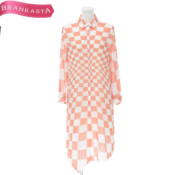 【美品】PIERRE CARDIN/ピエールカルダン レディース 長袖 シャツ トップス ロング チェック柄 38 オレンジ 白 [大感謝祭]★23RL61 ピエールカルダン レディース pierre ノーカラー フォーマル ピエールカルダン（スーツ・セットアップ｜レディース