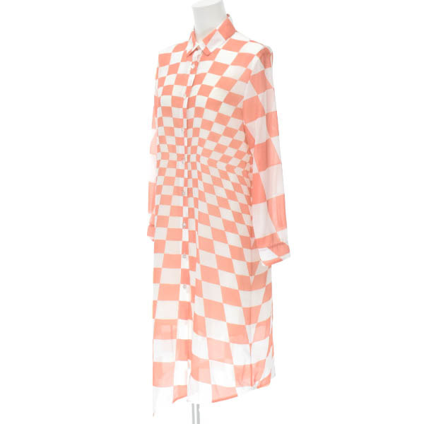 【美品】PIERRE CARDIN/ピエールカルダン レディース 長袖 シャツ トップス ロング チェック柄 38 オレンジ 白 [大感謝祭]★23RL61 ピエールカルダン レディース pierre ノーカラー フォーマル ピエールカルダン（スーツ・セットアップ｜レディース